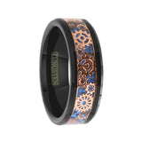 8-mm Tungsten Ring Rose Gold Steampunk Clockwork Gears On Dazzling Royal Blue Faux Carbon Fiber Inlay.