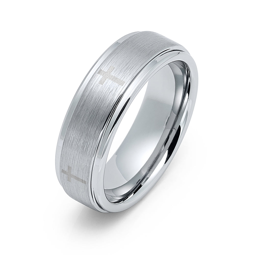 7mm - Mens Tungsten Wedding Band,Silver Brush Tungsten Ring,  Christian Cross Ring