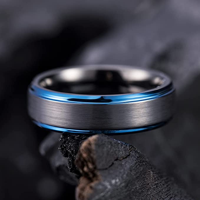 6mm - Tungsten Wedding Band Brushed Black & Blue Stepped Edges