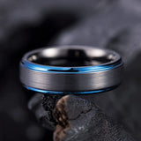 6mm - Tungsten Wedding Band Brushed Black & Blue Stepped Edges