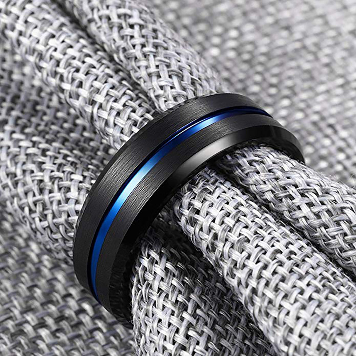 8mm - Black Blue Tungsten Carbide Ring - Grooved Beveled Edges - Wedding Band