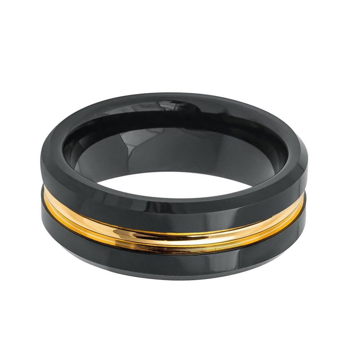 8mm Black Tungsten Wedding Band With Yellow Gold Grooved Center