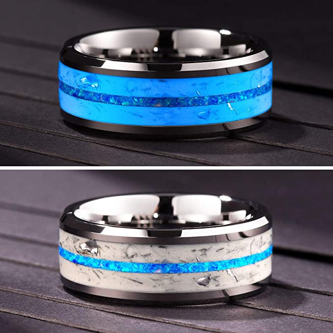 8mm - Tungsten Ring for Men with Blue opal Inlay Unique Band Glowing Luminous in the Dark