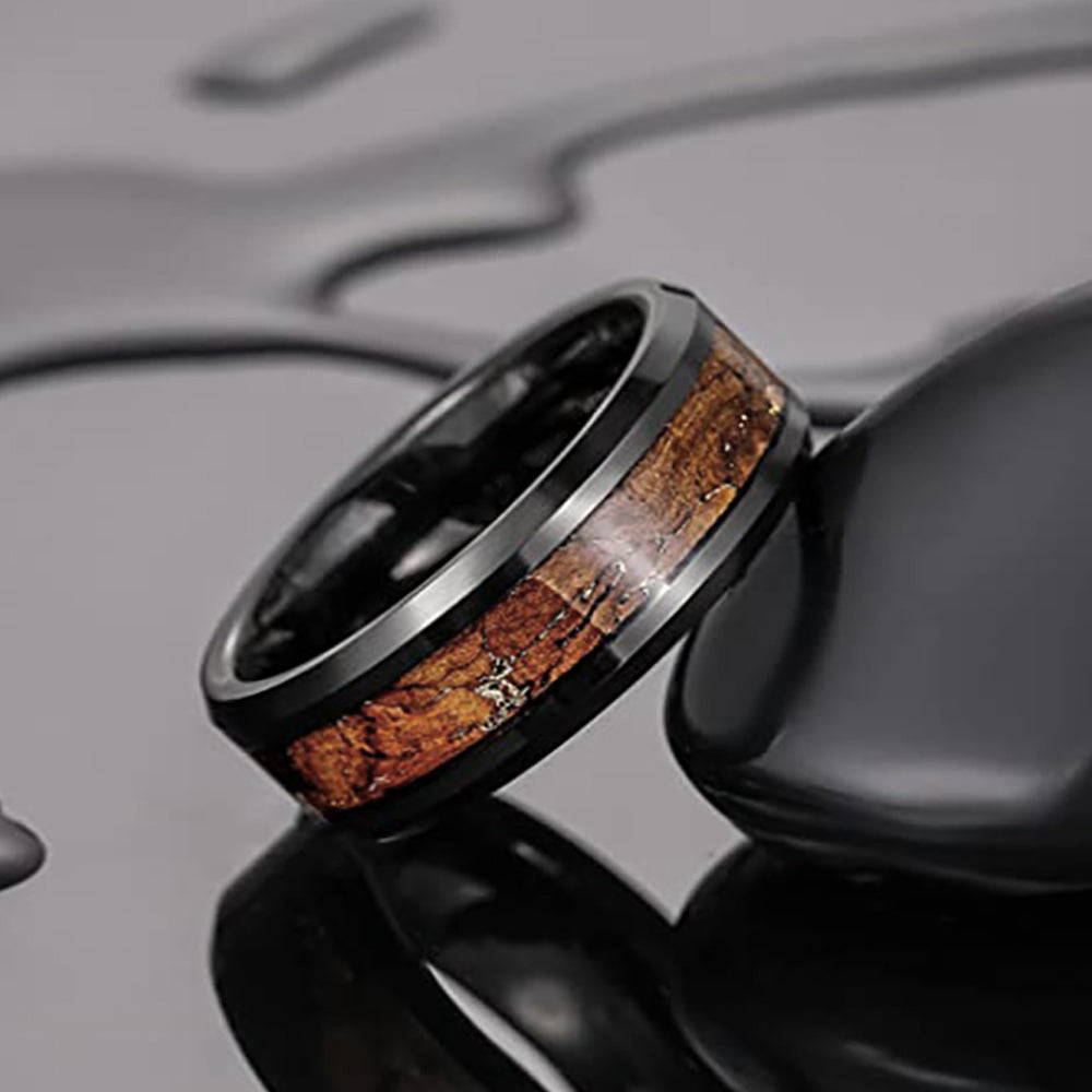 8mm Black Tungsten Carbide Wedding Band W/ Koa Wood & Gold Flakes
