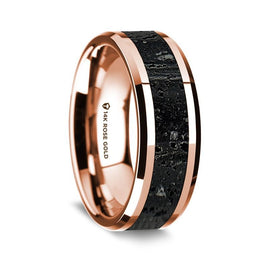 14K Fine Rose Gold Polished Wedding Ring W/ Lava Inlay Beveled Edges - 8 mm