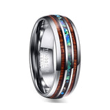 8mm - Hawaiian Koa Wood Tungsten Rings Dome Abalone Shell/Blue Center Wedding Band