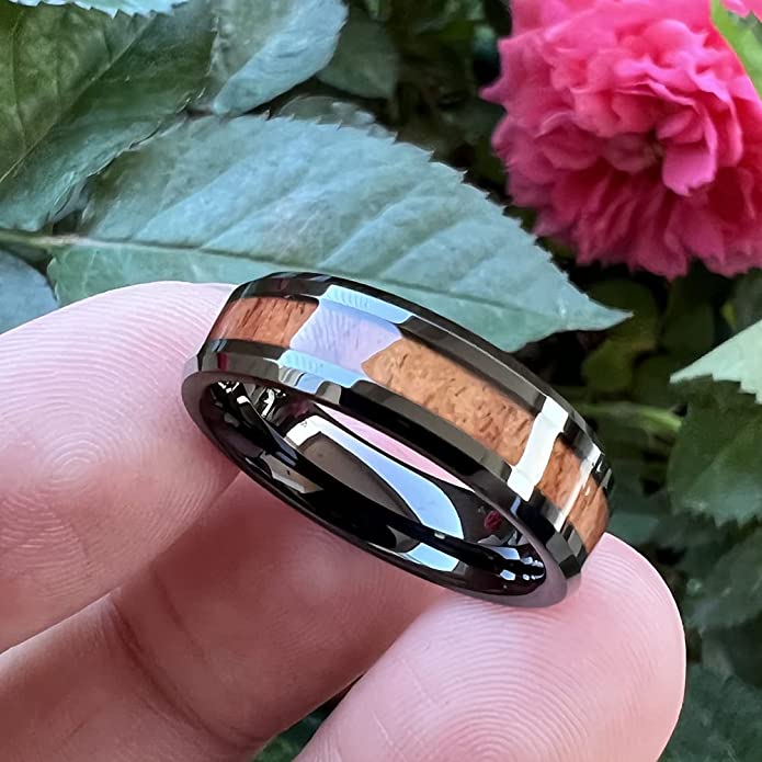 6mm Black Tungsten Carbide Wedding Ring with Koa Wood Inlay