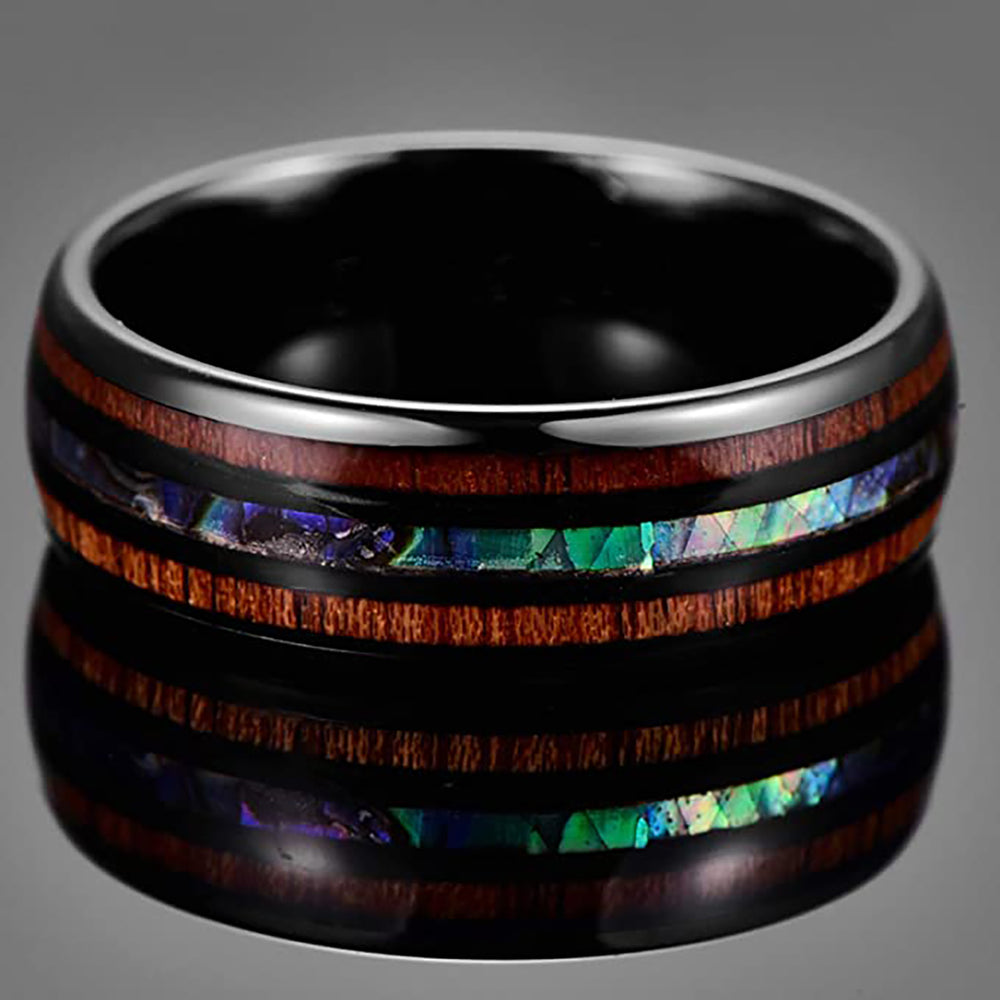 8mm Black Tungsten Real Koa Wood Double Wood Ring W/ Abalone Shell