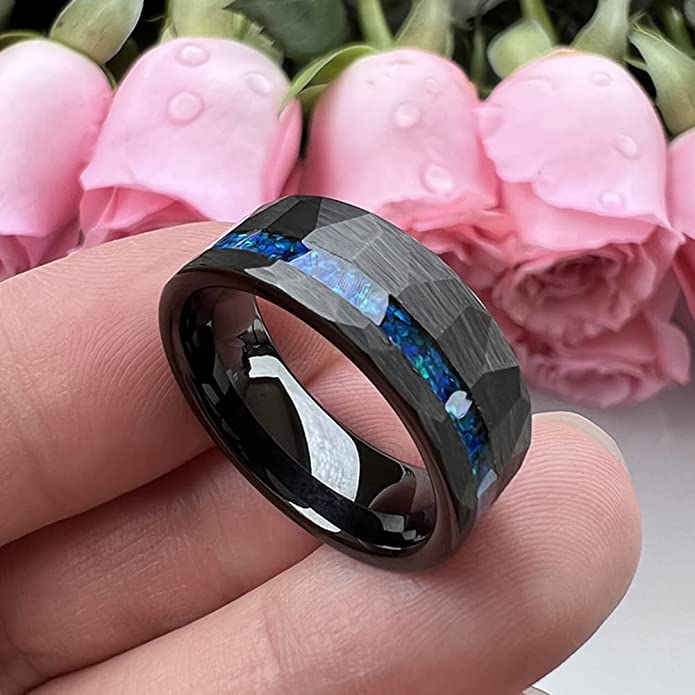 8mm - Black Tungsten Ring, Blue Opal Hammered wedding Ring, Brushed Finish