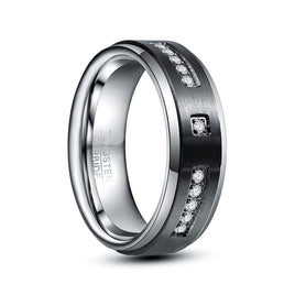 8mm - Tungsten Wedding Band, CZ Diamond Ring, silver and Black Brushed Ring,