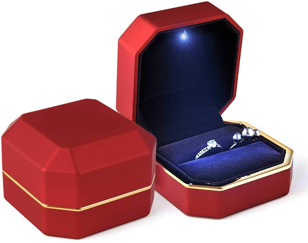 LED Light Red Ring Box Engagement Ring Case Velvet Jewelry Gift Box Case Ring Holder