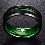 8MM - BLACK GREEN TUNGSTEN CARBIDE RING - GROOVED BEVELED EDGES - WEDDING BAND