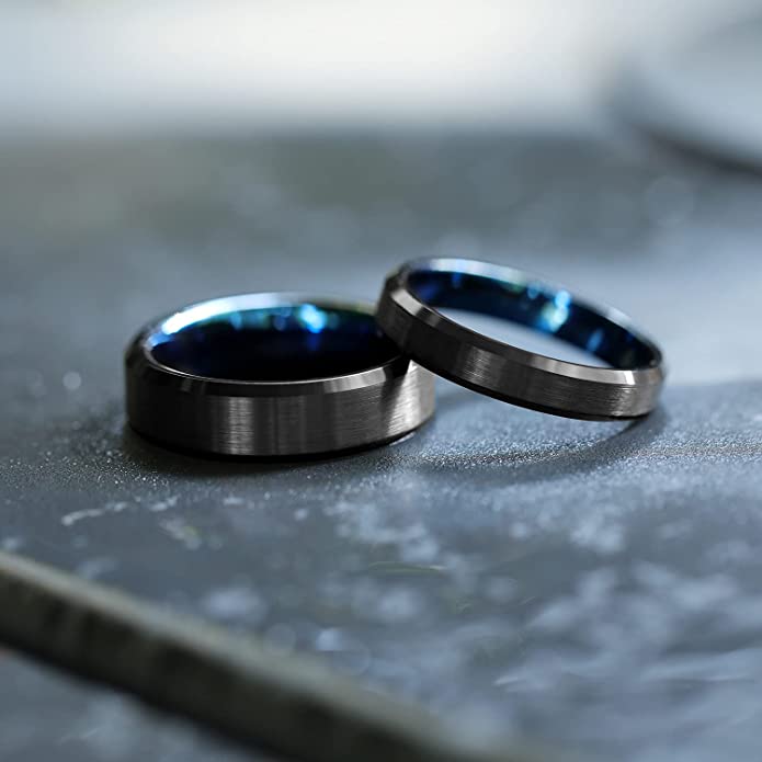 6mm - Tungsten Black & Blue Ring, Brushed Finished, Beveled Edges