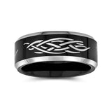 8mm - Black Men's Tungsten Ring with Laser Etched Tribal Design - Tungsten Wedding Band