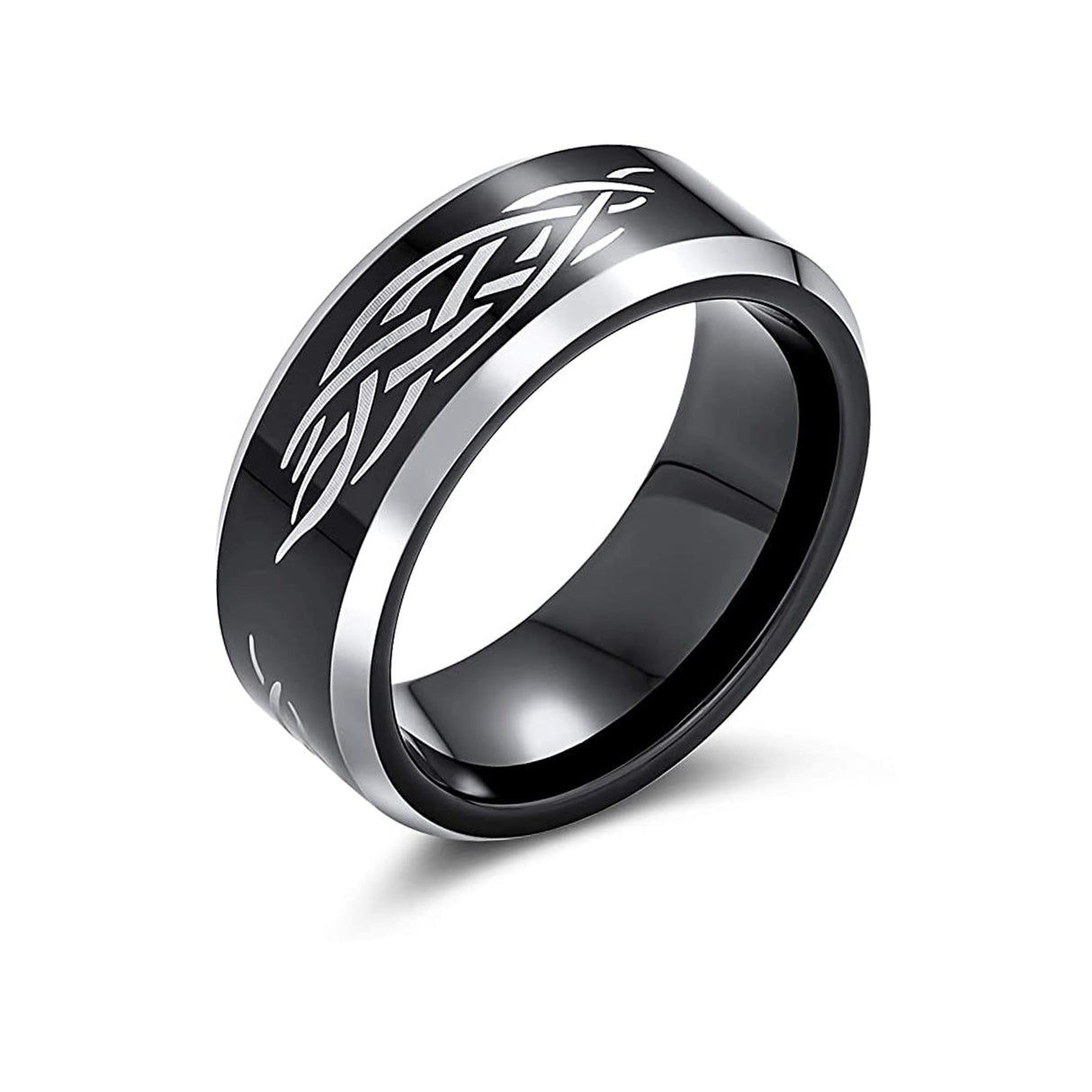 8mm - Black Men's Tungsten Ring with Laser Etched Tribal Design - Tungsten Wedding Band