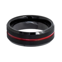 8mm Black Tungsten Wedding Band, Red Grooved Center Ring