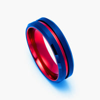 6mm - Royal Blue & Red Groove Tungsten Wedding Band Beveled Edges