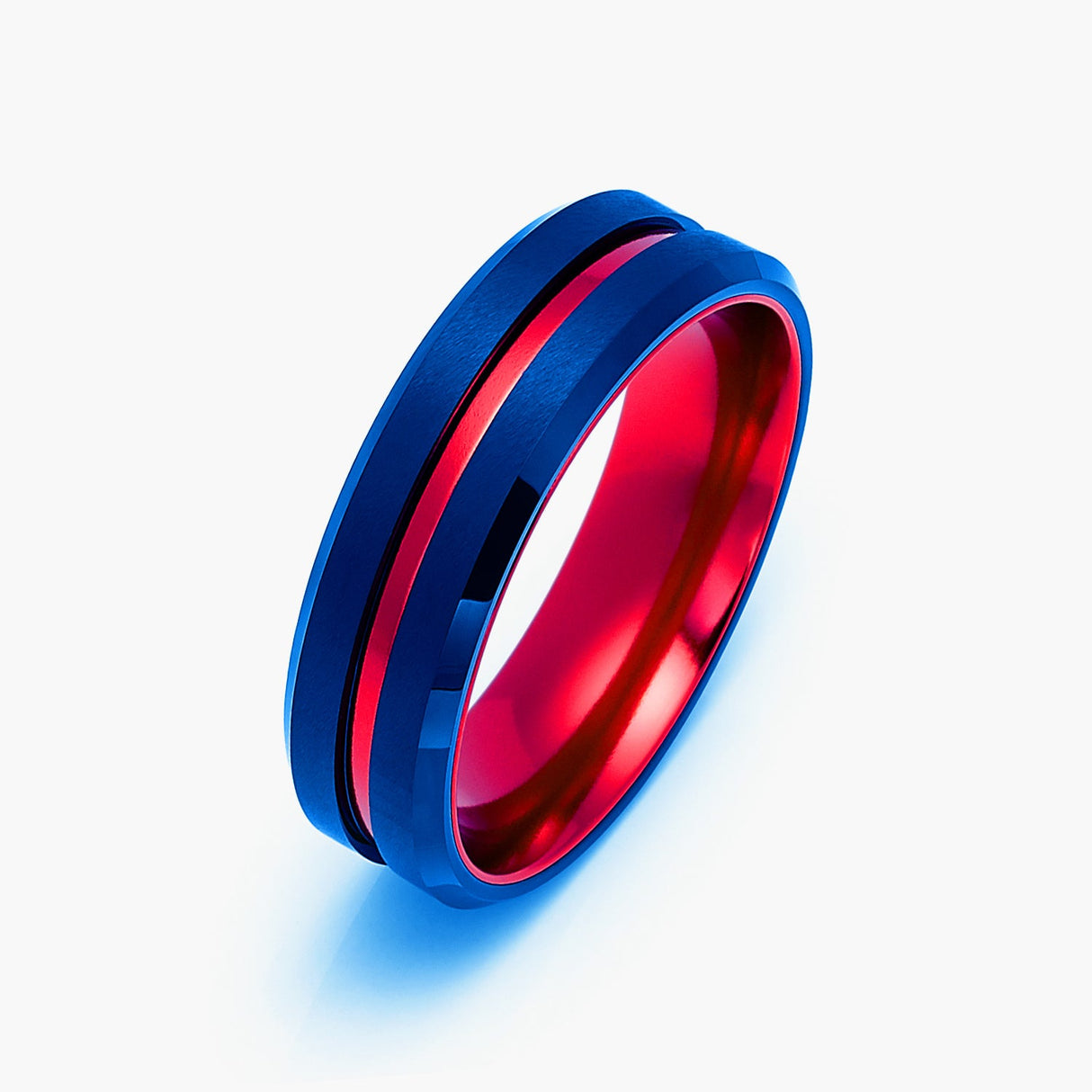 6mm - Royal Blue & Red Groove Tungsten Wedding Band Beveled Edges