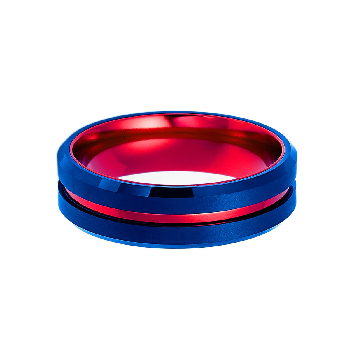 6mm - Royal Blue & Red Groove Tungsten Wedding Band Beveled Edges