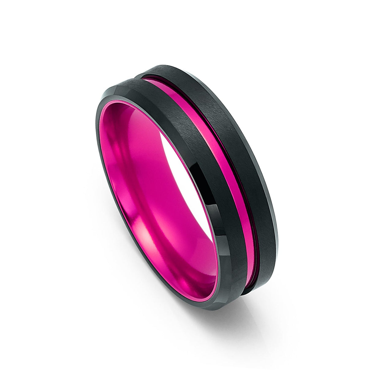 6mm - Black & Hot Pink Groove Tungsten Wedding Band Beveled Edges