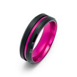 6mm - Black & Hot Pink Groove Tungsten Wedding Band Beveled Edges