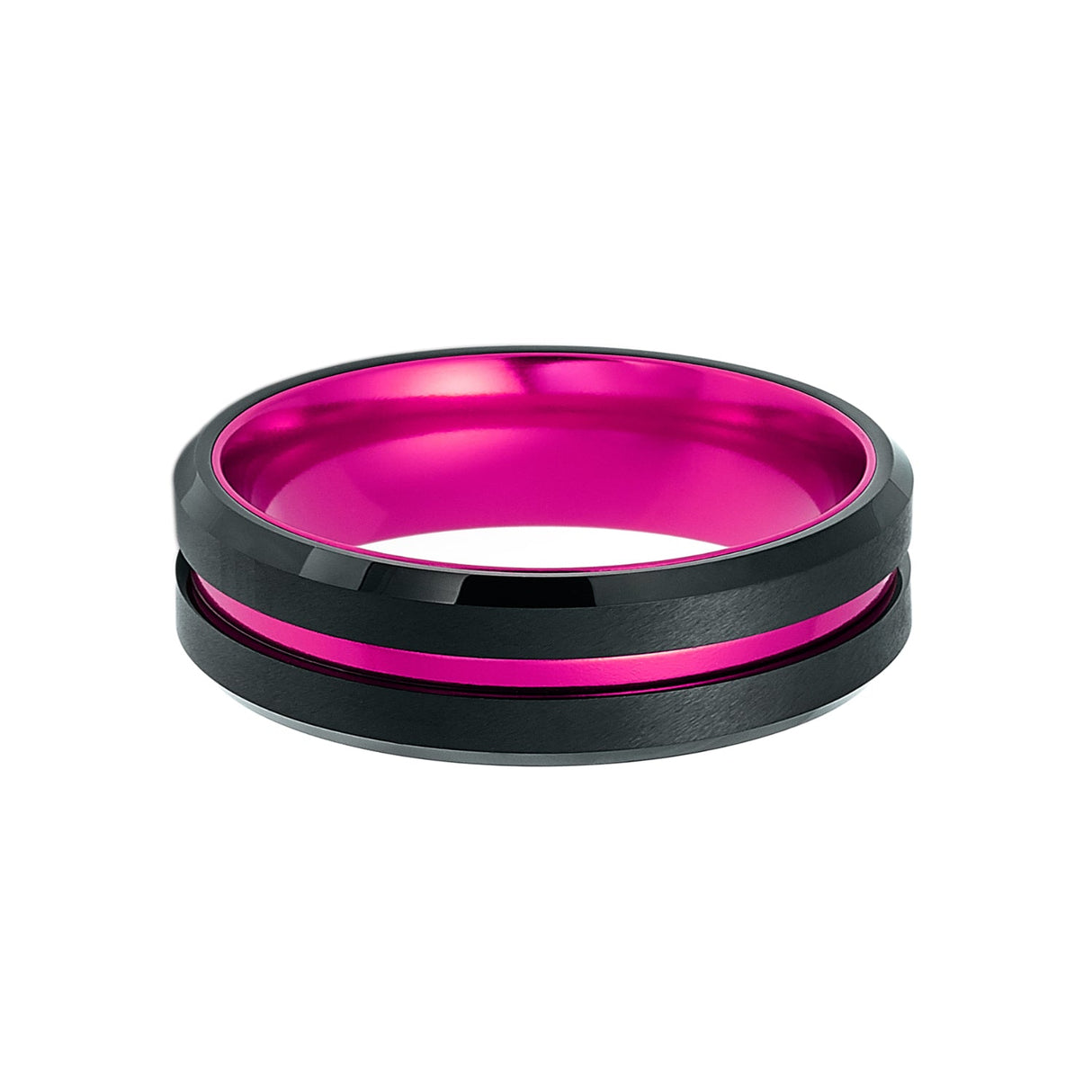 6mm - Black & Hot Pink Groove Tungsten Wedding Band Beveled Edges