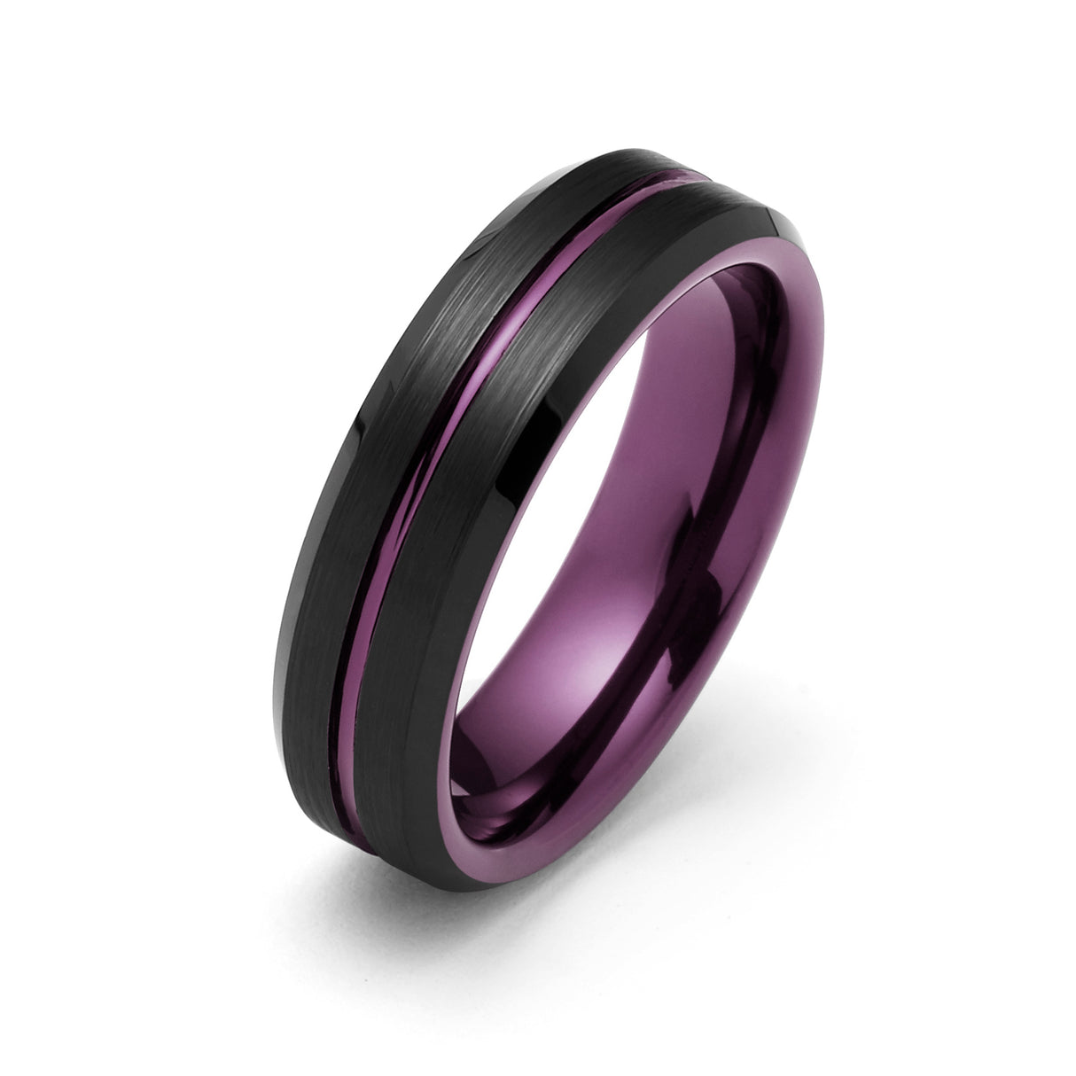 6mm - Black & Plum Purple Tungsten Ring Matte Finish Beveled Edges Wedding Band Purple Inlay