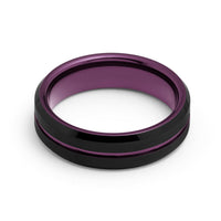 6mm - Black & Plum Purple Tungsten Ring Matte Finish Beveled Edges Wedding Band Purple Inlay