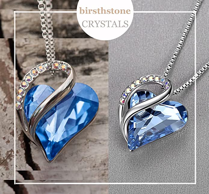 Infinity March Light Sapphire Blue Birthstone Love Heart Pendant Necklace Made with Crystals Birthstone