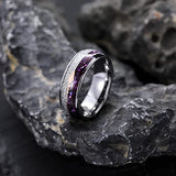 8mm- Silver Tungsten Dome Ring, W/ Purple Agate Rose gold Arrow & Meteorite Inlay