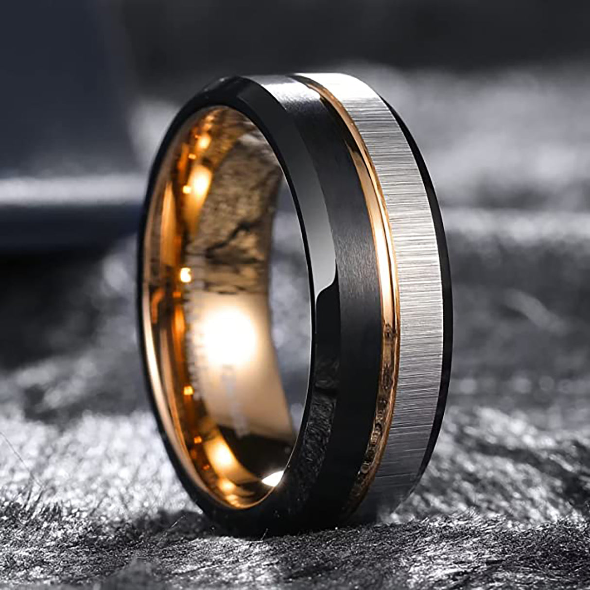 8MM - Black & Rose Gold Tungsten Ring Matte Finish Brushed Laser Horizontal Grain