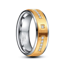 Tungsten Wedding Band, CZ Diamond Ring, Silver Brushed Gold Ring, 8mm