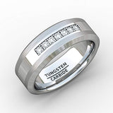 Silver Tungsten Band High Polished with Prong set With 7 Round CZs- 8mm