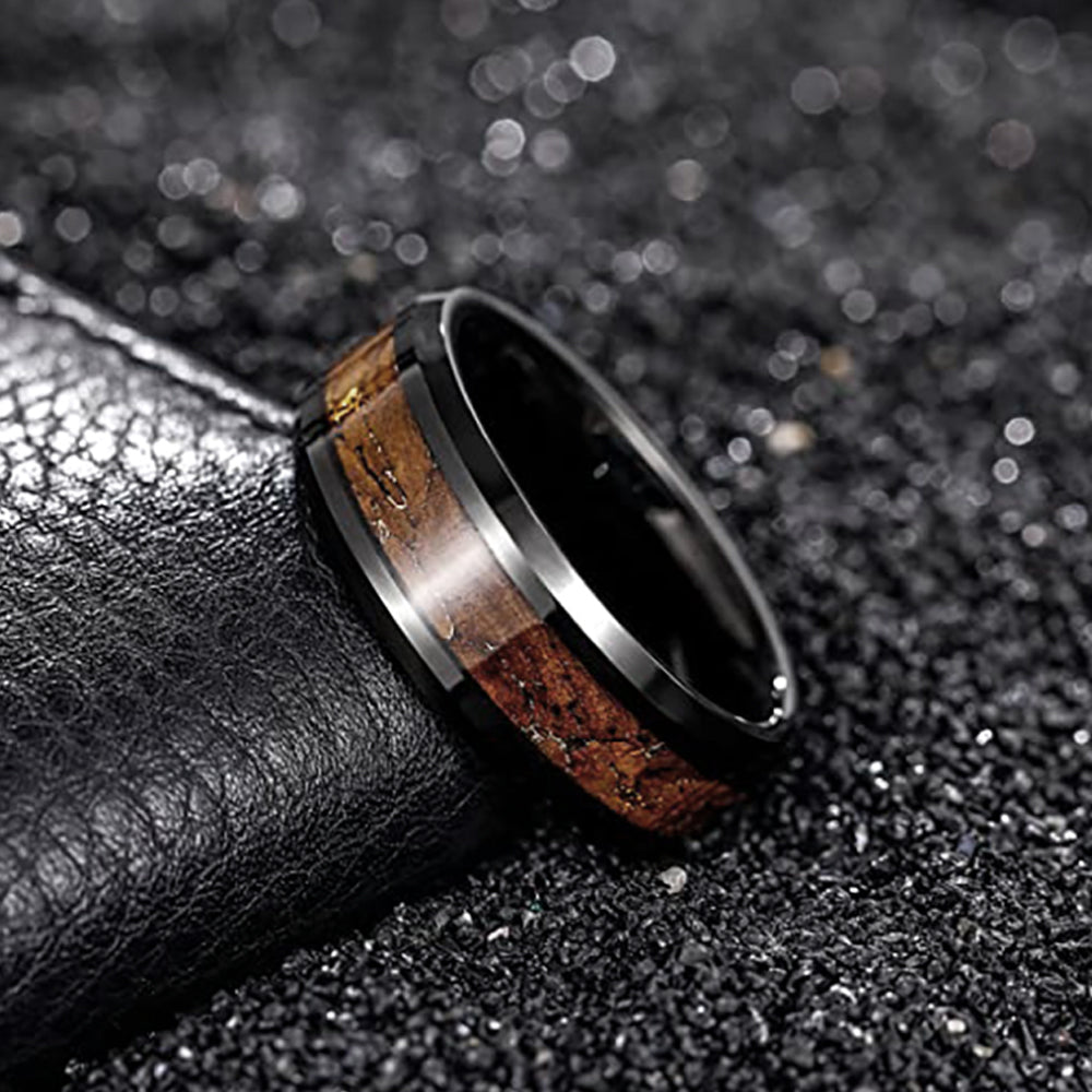 8mm Black Tungsten Carbide Wedding Band W/ Koa Wood & Gold Flakes