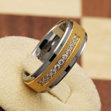 8mm Silver Tungsten Wedding Band, Gold Sandblast CZ Diamond Ring