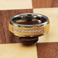 8mm Silver Tungsten Wedding Band, Gold Sandblast CZ Diamond Ring