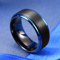 8mm - Tungsten Wedding Band Brushed Black & Blue Stepped Edges
