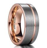 Rose Gold Tungsten Band, Brush Center, Off Center Rose Gold Groove Ring  - 8mm