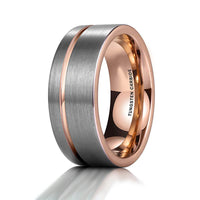 Rose Gold Tungsten Band, Brush Center, Off Center Rose Gold Groove Ring  - 8mm