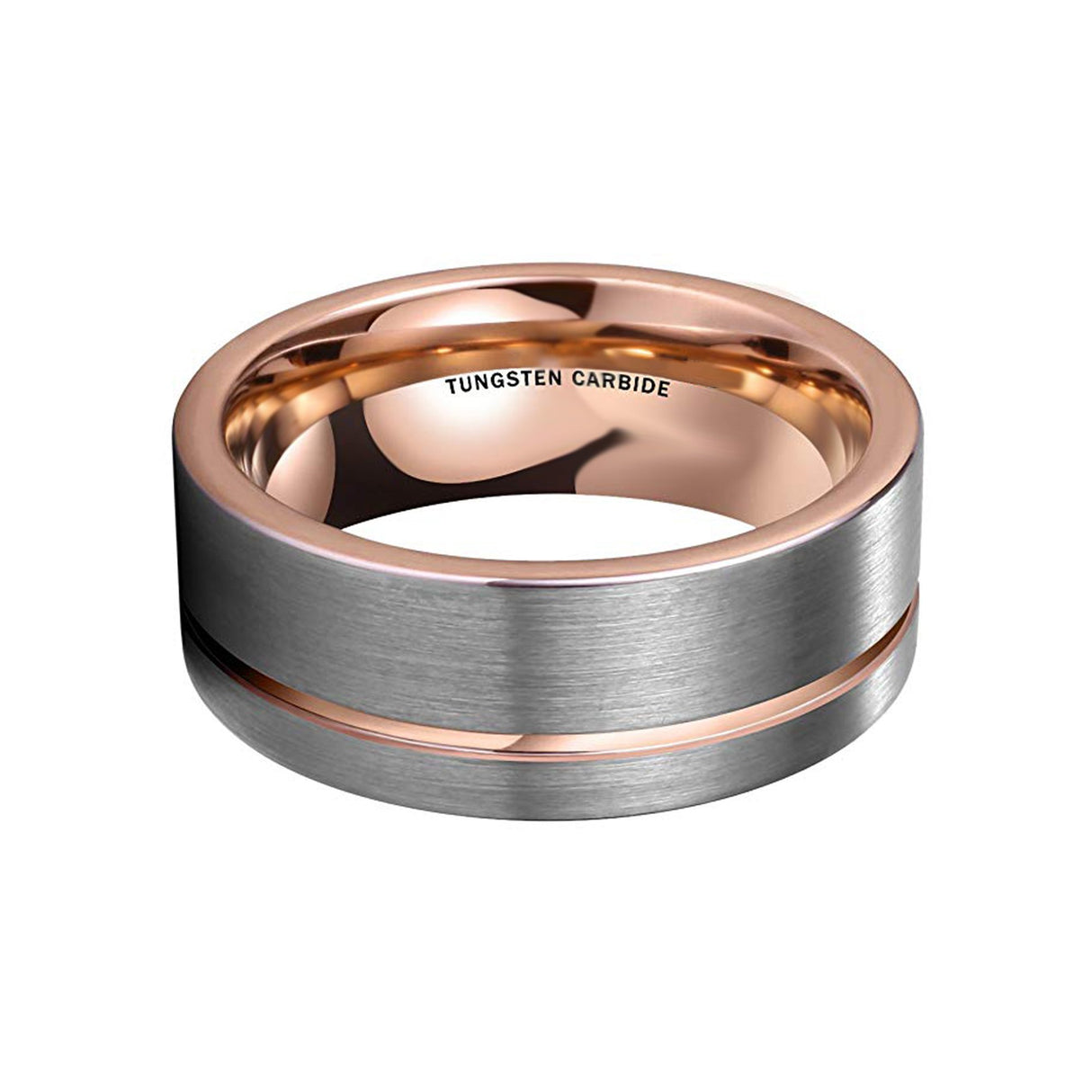 Rose Gold Tungsten Band, Brush Center, Off Center Rose Gold Groove Ring  - 8mm