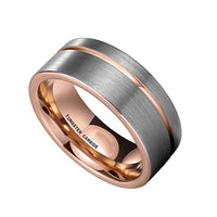 Rose Gold Tungsten Band, Brush Center, Off Center Rose Gold Groove Ring  - 8mm