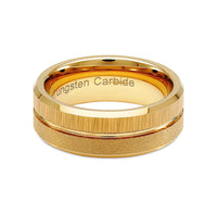 8mm - 14k Gold Tungsten Rings For Men, Wedding Bands, Sandblast Brushed Grooved Ring