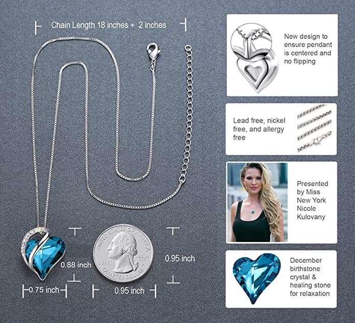 Infinity Love Heart Pendant Necklace -Zircon Blue Crystal - December Birthstone - Made with Swarovski Crystals Birthstone May