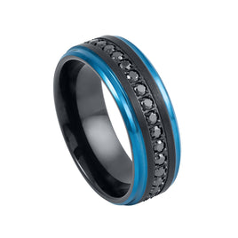 BRUSHED BLACK Tungsten RING, Blue Stepped EDGES, BLACK SAPPHIRE ALL AROUND - 8MM
