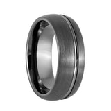 Tungsten Gun Metal Dome Brushed Off-Center Grooved Ring Tungsten Ring