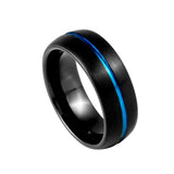 8mm Mens Black Tungsten Carbide Ring With Blue Groove Brushed Center Dome