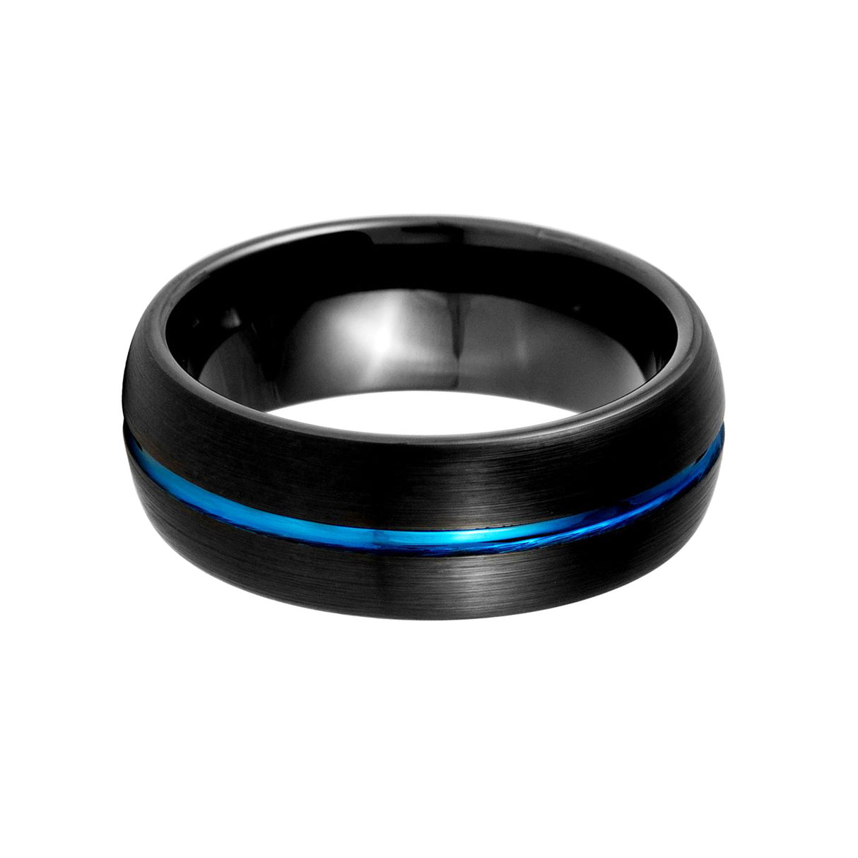 8mm Mens Black Tungsten Carbide Ring With Blue Groove Brushed Center Dome