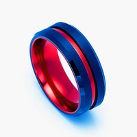 8mm - Royal Blue & Red Groove Tungsten Wedding Band Beveled Edges