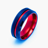 8mm - Royal Blue & Red Groove Tungsten Wedding Band Beveled Edges