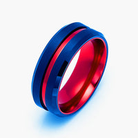 8mm - Royal Blue & Red Groove Tungsten Wedding Band Beveled Edges
